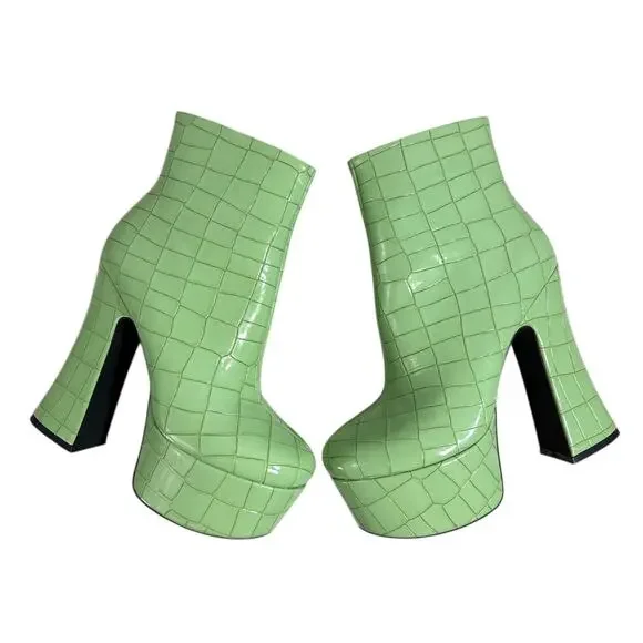 Azalea Wang Green Platform Chunky Booties Croc Embossed Size 8 - Picture 5 of 15